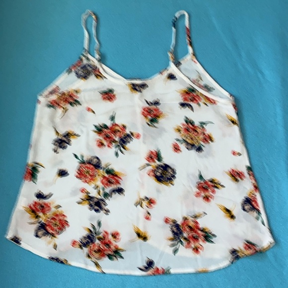AMBIANCE gauzy floral adjustable spaghetti strap high low flowy tank top size L - Picture 2 of 9